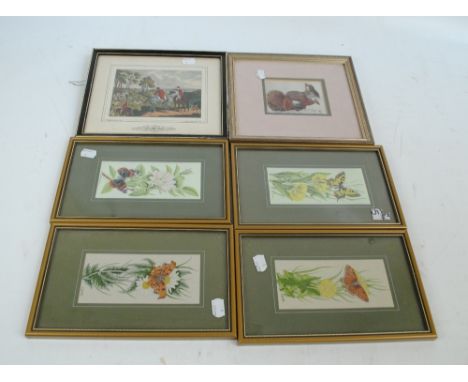 Four Cash's woven silks of butterflies and flowers, a woven silk picture of a squirrel and a Langley printed silk of fox hunt