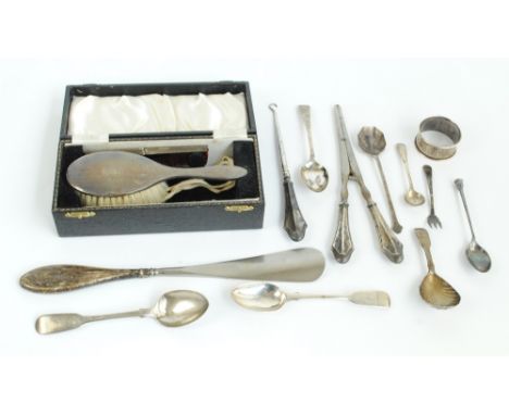 A mixed lot of variously hallmarked silver items including a cased christening set comprising engine turned decorated hand br