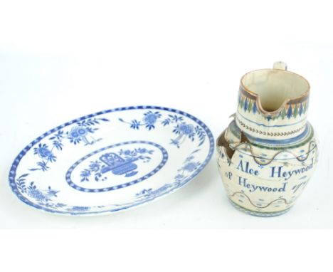 A Clementson Brothers Delft ceramic oval place transfer decorated in blue with floral and ornamental motifs, marked to base, 