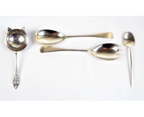 ATKIN BROS; a pair of George V hallmarked silver Old English pattern salad servers, Sheffield 1910, a tea strainer with pierc