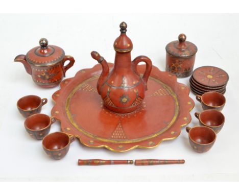 A Turkish Tophane Pottery coffee set, with both silver and gilt heightened decoration, comprising circular tray, coffee pot, 