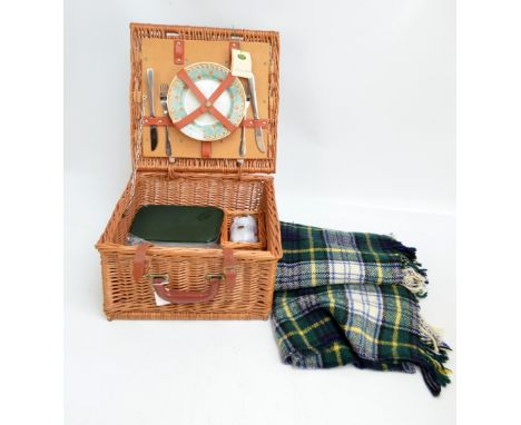 An Optima two setting wicker picnic hamper and a blanket (2).