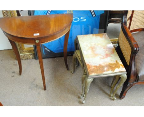 An onyx and brass nest of three occasional tables, a standard lamp, demi-lune table and a chair (4).