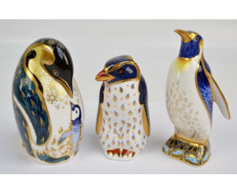 Three Royal Crown Derby paperweights, 'Penguin with Chick', 'Rock Hopper Penguin', both signed by John Ablitt, and 'Emperor P