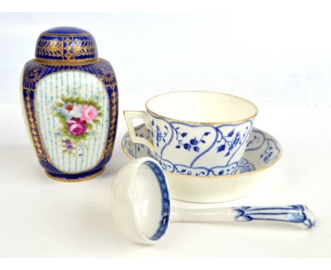 A Noritake jar and cover with floral panels, on a gilt heightened blue ground, height 14.5cm, an early 20th century Mintons '