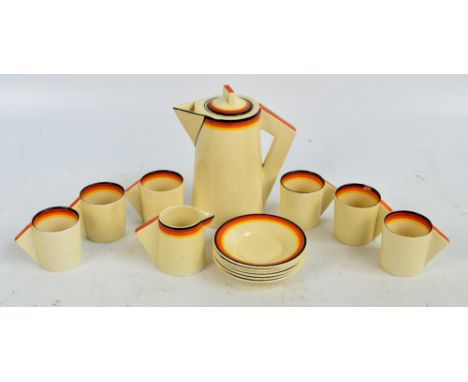 CLARICE CLIFF;  a banded ware coffee set in black, red, orange and yellow colour way in Conical shape, comprising coffee pot,