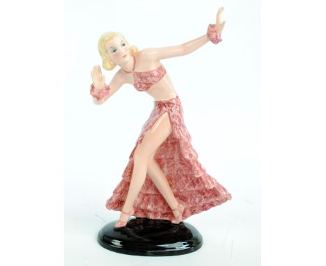 JOSEPH LORENZL FOR GOLDSCHEIDER; a c.1930s Austrian porcelain figure of dancer in red lace skirt and top, on oval base marked