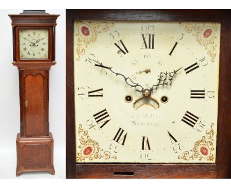 A late George III oak and mahogany crossbanded longcase clock, the moulded cornice above painted square dial set with Roman n