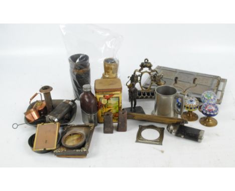 A mixed lot of collectors' items including a group of horn beakers, a miniature copper kettle, a brass Hanukkah lamp, a set o