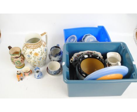 A quantity of ceramics to include a group of Wedgwood jasperware (trinket boxes, pin dishes and vases), a large late 19th cen