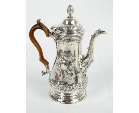 WILLIAM SHAW II & WILLIAM PRIEST; a George II hallmarked silver coffee pot of baluster form, later embossed with scrolls and 
