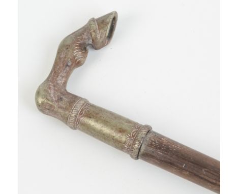 A late 19th/early 20th century rosewood walking stick with cast handle modelled as a horse's knee and hoof, inscribed 'J. Bro