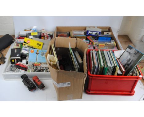 A large quantity of diecast model buses and automobile-related ephemera with Dinky examples including 283 'Single Deck Bus A.
