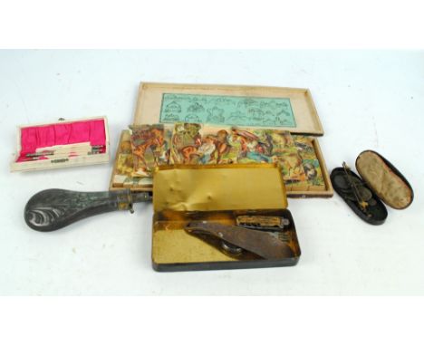 A quantity of collectors' items including a boxed jigsaw, powder flask, a set of scales, a full hunter key wind pocket watch 