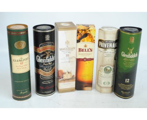Six boxed/cased bottles of predominantly Single Malt Scotch Whisky, comprising The Glenlivet 'Aged 12 Years' Speyside 70cl 40