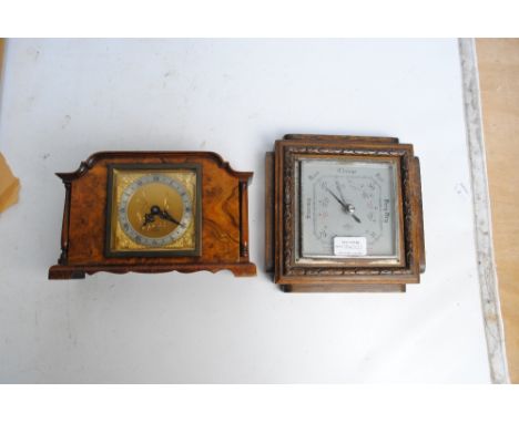 A 1940s Elliot burr walnut mantel timepiece and an oak barometer (2).