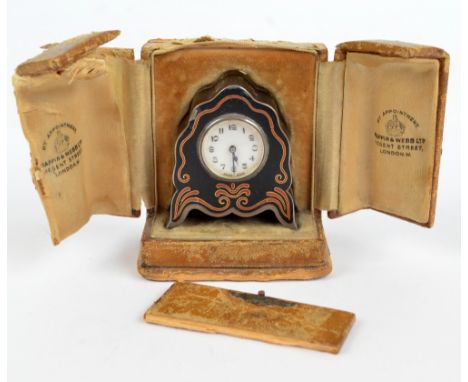 ZENITH WATCH COMPANY; a George V hallmarked silver cased and enamel decorated miniature mantel clock, the circular dial set w