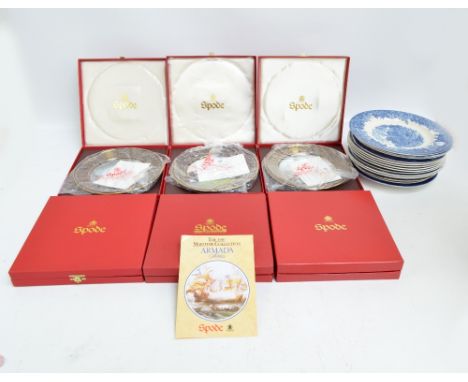 A collection of blue and white plates, including six reproduction plates from the Spode Blue Room Collection, a Masons 'Vista