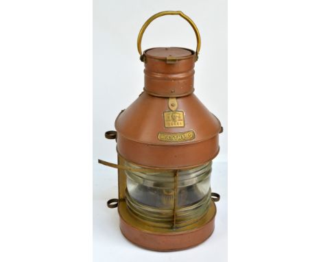 A large early 20th century copper and brass masthead ship's lamp, with plaque inscribed 'Seahorse GB Trademark 35651', height
