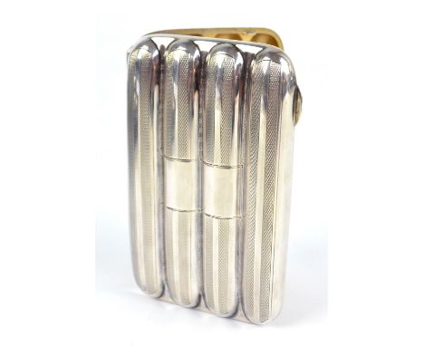 ROBERT PRINGLE & SONS; a George V hallmarked silver four section cigar case of rectangular form with overall engine turned de