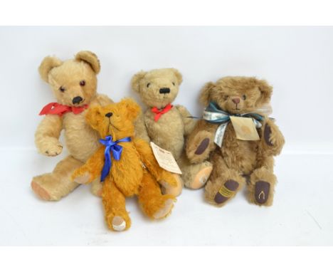 Four jointed mohair teddy bears comprising a light brown Merrythought 'Connoisseur Bear' with central seam, black glass eyes,