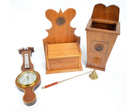 An oak candle box, an oak salt box, a modern barometer, a brass candle snuffer, and a mirror (5).  