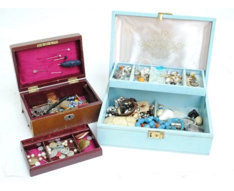Two small boxes of costume jewellery including religious medallions, a lady's vintage watch, bead necklaces, an oval portrait
