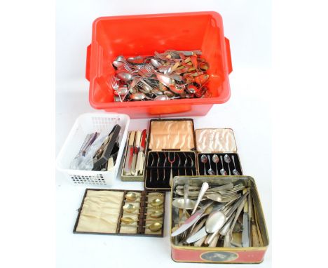 A quantity of loose electroplated flatware, also a sifting spoon, nutcracker, pair of napkin rings, etc.