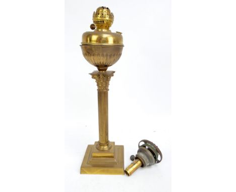 A Corinthian column oil lamp base with square stepped plinth with associated brass reservoir and other fittings, height of la