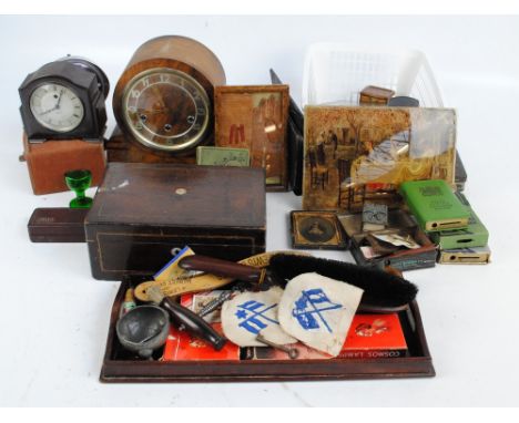 A mixed lot of collectors' items including a pair of framed child's leather gloves, a 'Pins' Art Nouveau tin containing vario