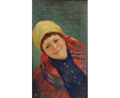 A PEMICHELI (POSSSIBLY); oil on canvas, portrait of a woman in a headscarf with a plaid shawl, signed indistinctly to lower l