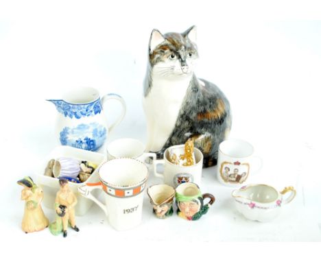 A small group of ceramics to include a Babbacombe Pottery figure of a seated cat, height 30cm, a Copeland Spode blue and whit