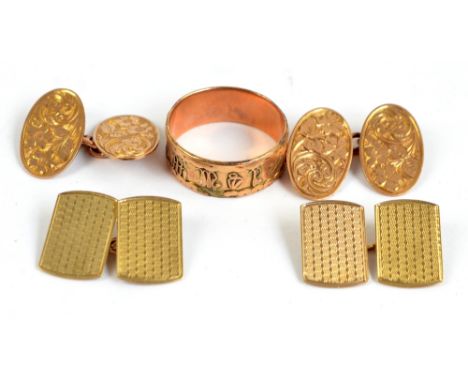 A pair of 9ct gold engine turned decorated shaped rectangular cufflinks and a further oval foliate and floral engraved exampl