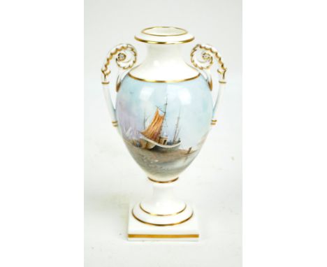 A Royal Worcester porcelain twin handled baluster vase with flared rim, on spreading circular foot to square base, painted wi