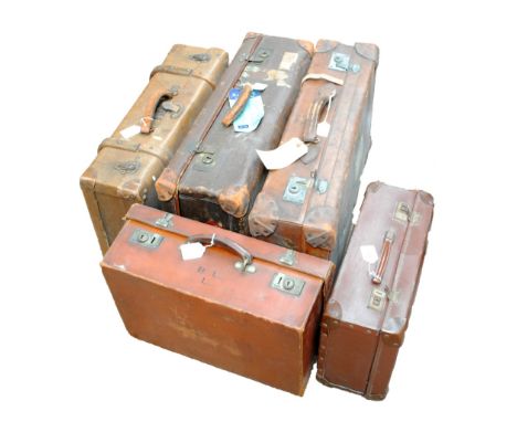 Four vintage leather suitcases to include example initialled BLL, 46 x 33x 16cm, and a canvas example with residues of travel