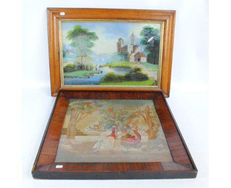 An early to mid-19th century wool work and silk printed tapestry depicting two figures in a landscape within rosewood cushion