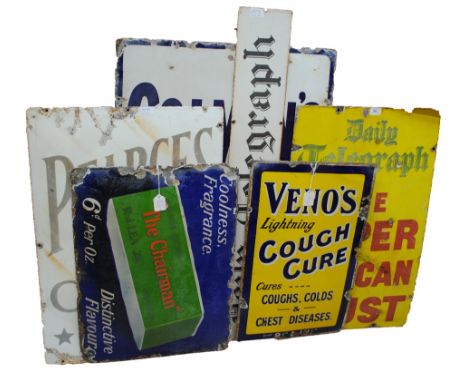 A group of six vintage enamelled signs; Daily Telegraph, Coleman's Starch, Veno's Lightening Cough Cure, The Chairman, Pearce