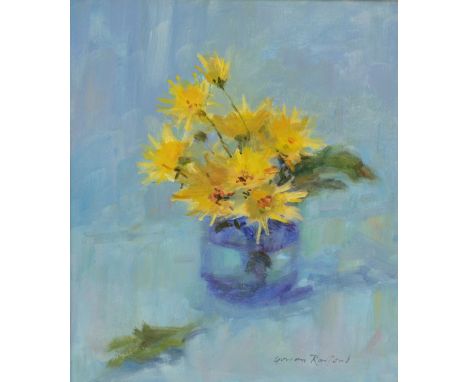 GORDON RADFORD (1936-2015); oil on board, 'Flowers in a Blue Jar', signed lower right, 24 x 19cm, framed, supplied with recei
