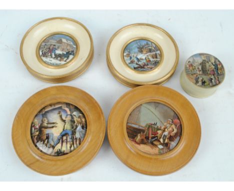 Five circular ceramic pot lids comprising 'Tam O'Shanter and Souter Johnny', 'The Enthusiast', two snow scenes, all in circul