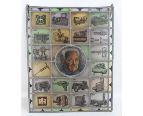 An unusual leaded stained glass panel related to Ingersoll Rand centred with the profile portrait of a gentleman within a bor