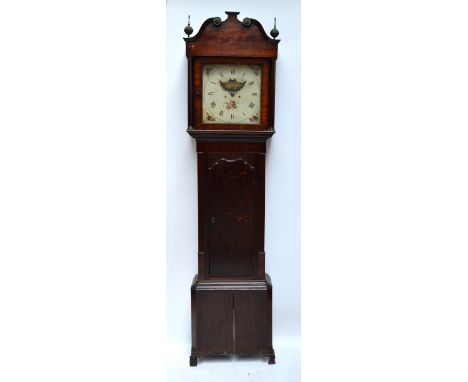 An 19th century oak and mahogany longcase clock, the broken swan neck pediment above painted square dial with 30 hour movemen