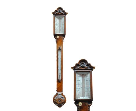 A mid-19th century burr walnut stick barometer, the ivory dial inscribed 'J. Davis, Optician, Derby', above thermometer and c