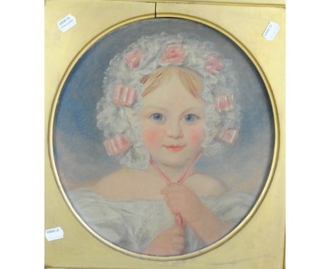 FOLLOWER OF ALFRED EDWARD CHALON (19TH CENTURY); circular oil on panel, portrait of a child wearing a lace bonnet decorated w