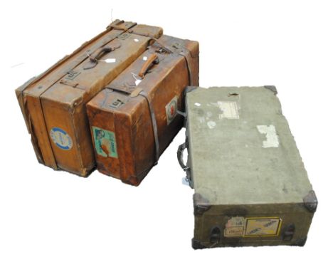 Two large vintage leather suitcases with leather straps and handles both with P&O travel labels, width 80cm and 70cm and a la