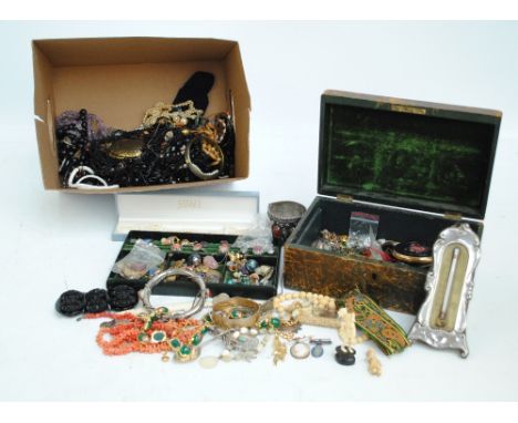 A quantity of costume jewellery including brooches, bead necklaces, broad bangles, silver front thermometer (af), ivory bead 