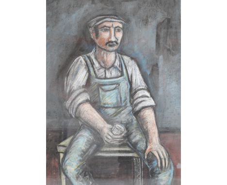 BRIAN BURGESS (20TH/21ST CENTURY); pastel drawing, portrait of a seated worker, probably a minor holding a drink in his right