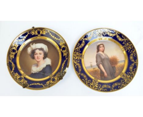 A Vienna hand painted cabinet plate 'Ruth' with gilt heightened swag border inscribed to the reverse and with blue beehive ma