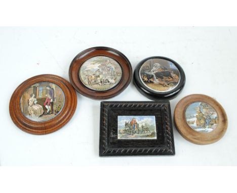 Four circular ceramic pot lids, comprising 'A Pretty Kettle of Fish', 'The First Appeal', a Dutch winter scene and 'The Red B