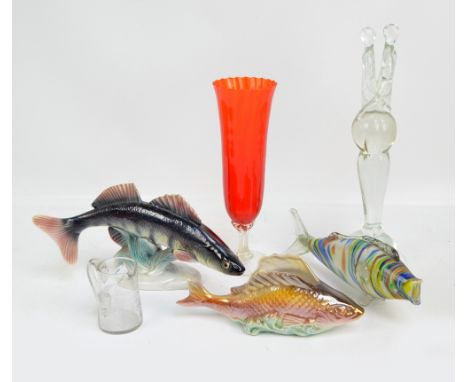 A collection of mixed glassware including a Murano fish, a tall figure group ornament, height 48cm, a tall red vase with clea