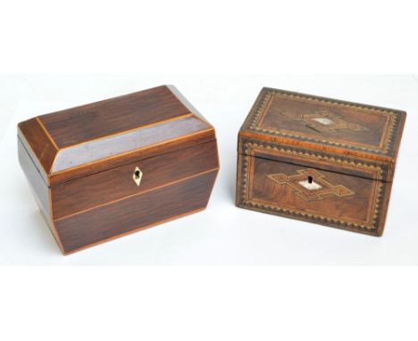 A 19th century rosewood and boxwood strung two division tea caddy, and a walnut inlaid rectangular lidded box (2).